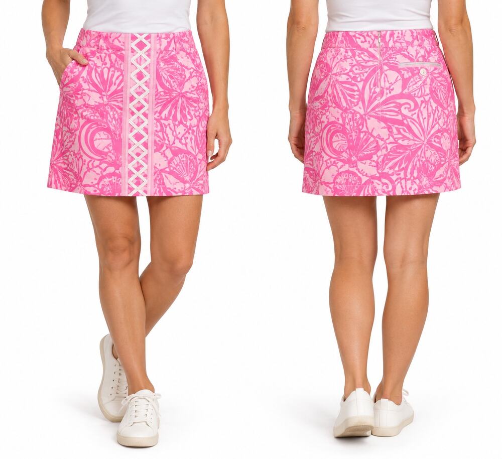 Lilly Pulitzer Womens 6 Pink Tropical Print Skirt Lattice Front Cotton Stretch